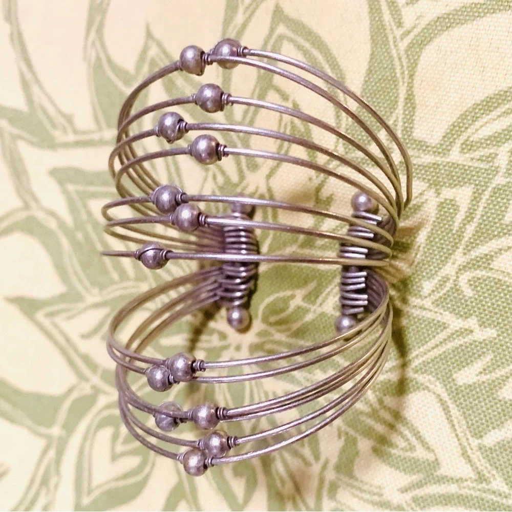 Silver Tone Beaded Multi Wire Cuff Bracelet
